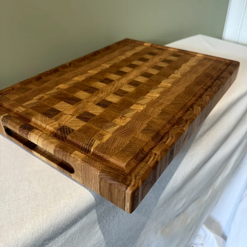 Oak End Grain Chopping Board, 418mm, one of the handles